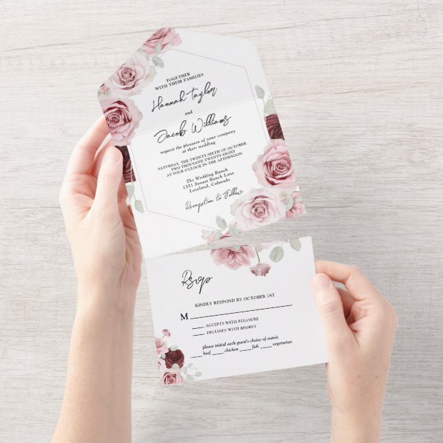 Burgundy Red  Rosa Blommigt Bröllop med OSA (Avrivbar del)