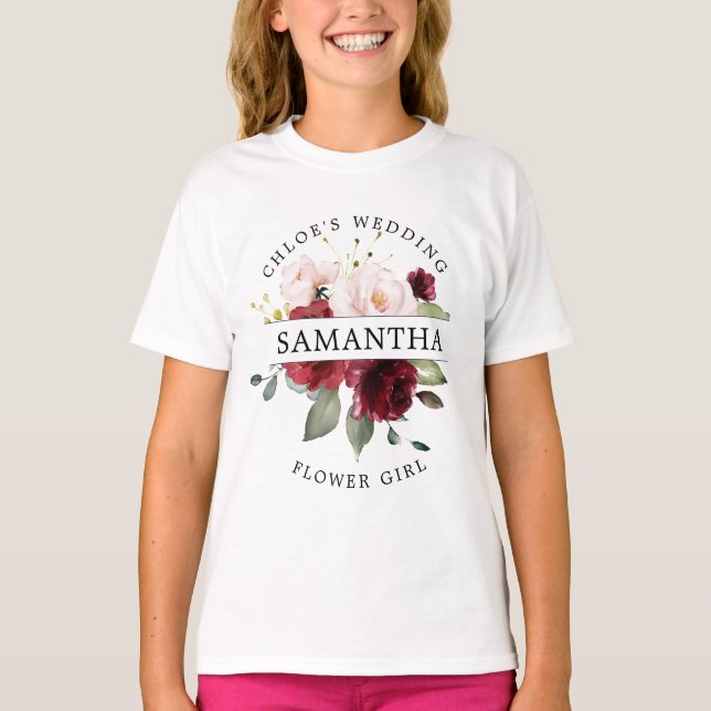 Burgundy Red  Rosa Blommigt Flower Girl T Shirt (Framsida)