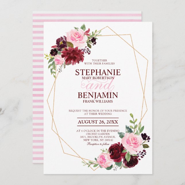 Burgundy Red rosa Blommigt modern geometrisk bröll Inbjudningar (Fram/baksida)