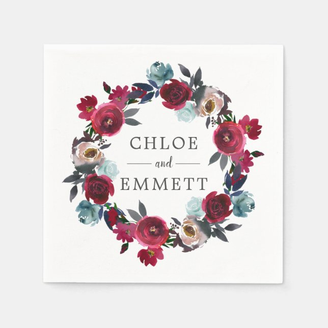 Burgundy Red Rosa Blommigt Personligt bröllp Pappersservett (Framsidan)