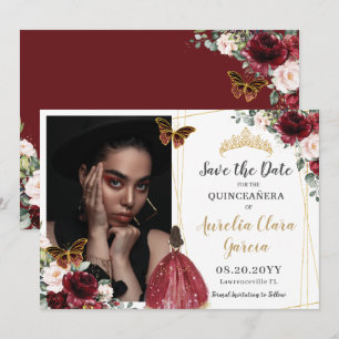 Burgundy Red Rosa Blommigt Quinceañera Photo Spara Datumet