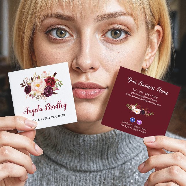 Burgundy Red Rosa Blommigt Rustic Chic Personal Fyrkantigt Visitkort (Skapare uppladdad)