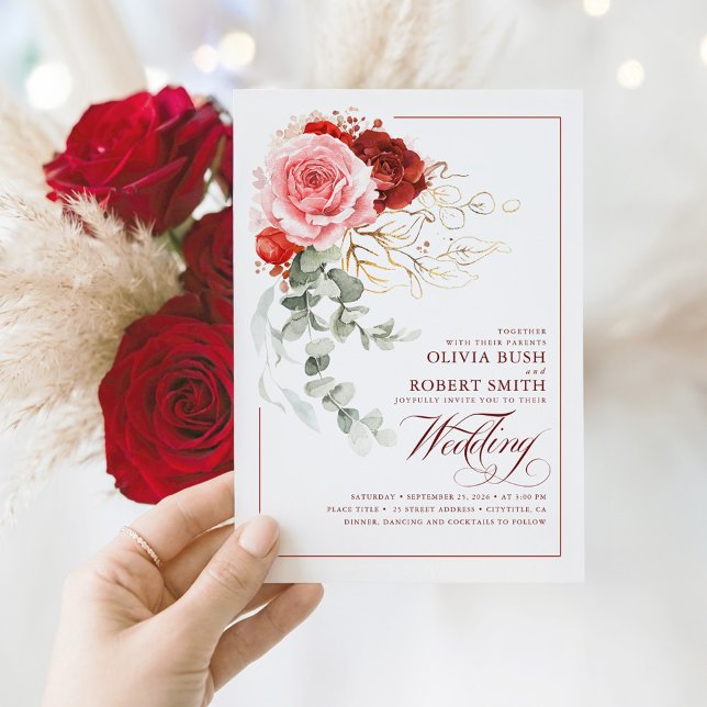 Burgundy Red Rosa Flowers Eucalyptus Boho Bröllop Inbjudningar (Red and Pink Floral Botanical Elegant Chic Wedding Invitation)
