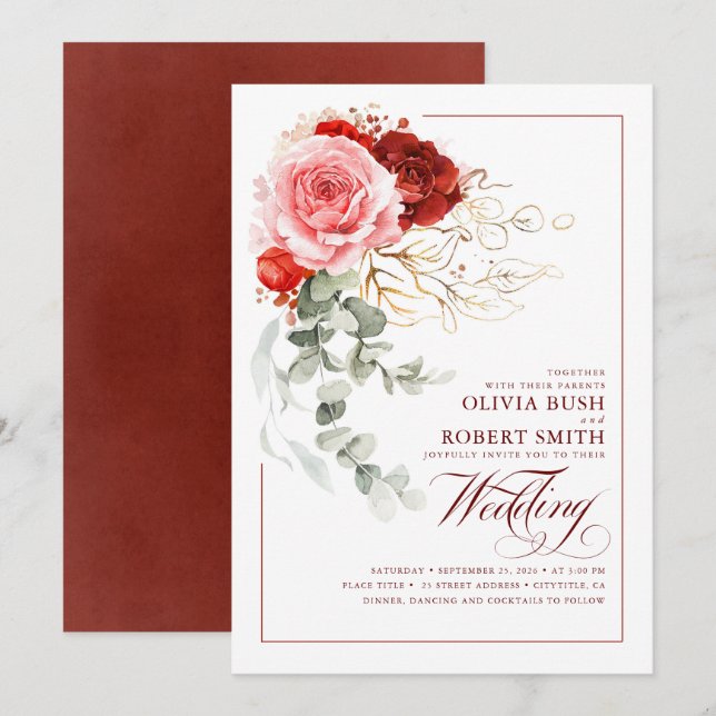 Burgundy Red Rosa Flowers Eucalyptus Boho Bröllop Inbjudningar (Fram/baksida)