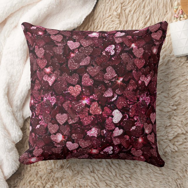 Burgundy Red Rosa Glitter Hearts Kudde (Filt)