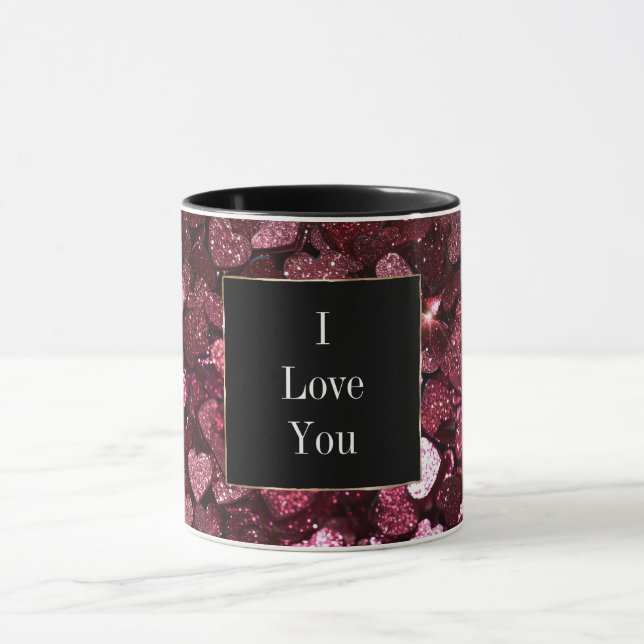 Burgundy Red Rosa Glitter Hearts Mugg (Center)