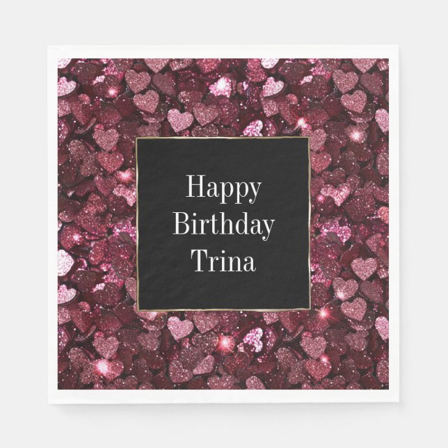 Burgundy Red Rosa Glitter Hearts Pappersservett (Framsidan)
