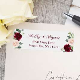 Burgundy Red Rosa Peony Blommigt Adress Returadress Etikett