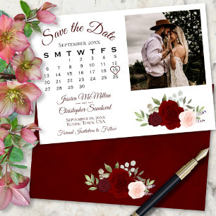 Burgundy Red & Rosa ros Bröllop Calendar & Photo Spara Datumet