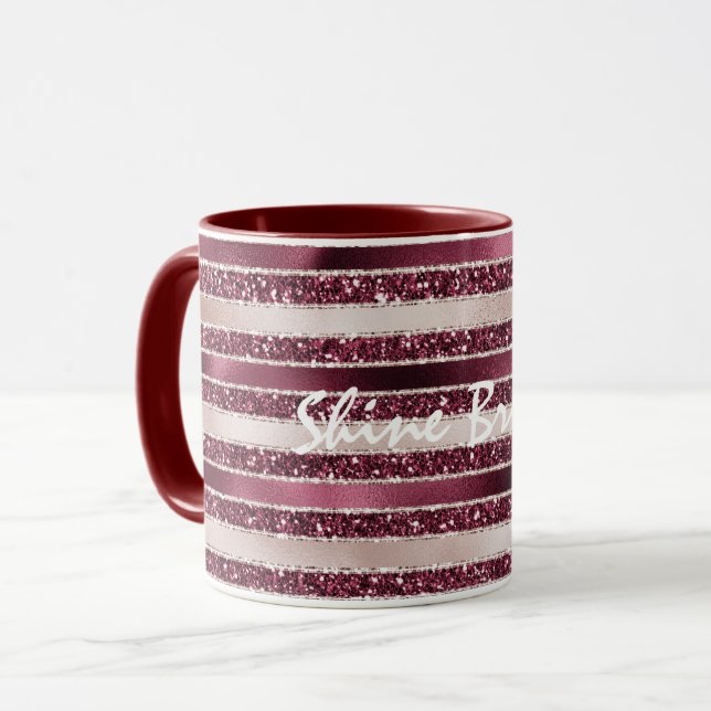 Burgundy Red Rosa ros Guld Glitter Rand Mugg (Framsida vänster)