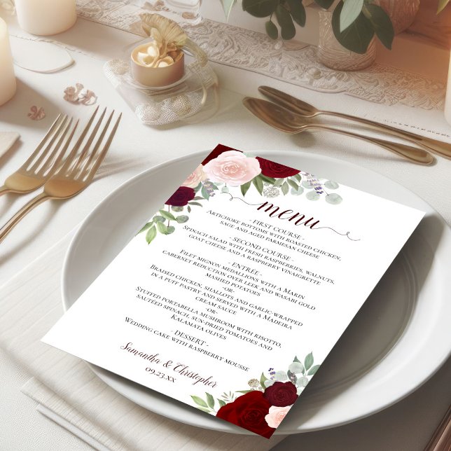 Burgundy Red & Rosa Rustic Blommigt Elegant bröllo Meny (5x7 inch menu on small plate)