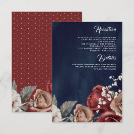 Burgundy Red Rose Floral Navy Blue Wedding Details Tilläggskort