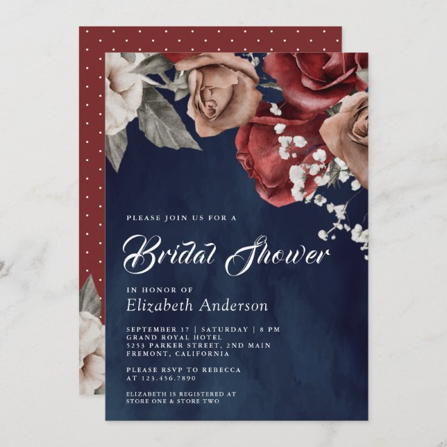 Burgundy Red Roses Floral Navy Blue Bridal Shower Inbjudningar (Fram/baksida)