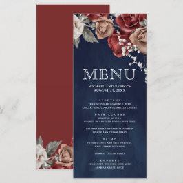 Burgundy Red Roses Floral Navy Blue Wedding Meny