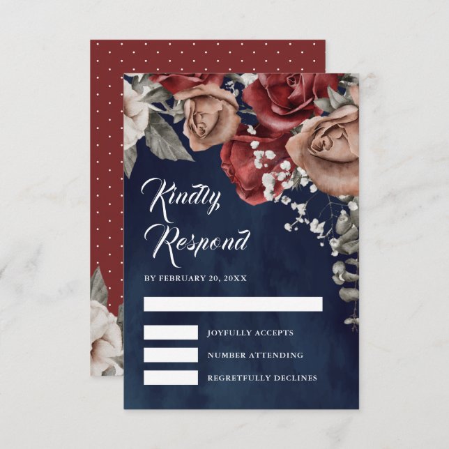 Burgundy Red Roses Floral Navy Blue Wedding OSA Kort (Fram/baksida)