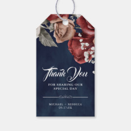 Burgundy Red Roses Floral Navy Wedding Thank You Presentetikett