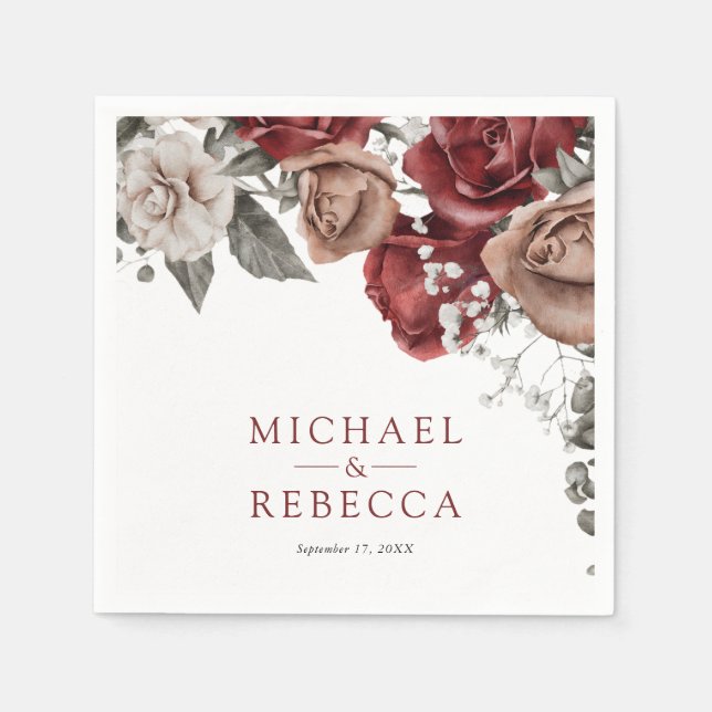 Burgundy Red Roses Floral Wedding Pappersservett (Framsidan)