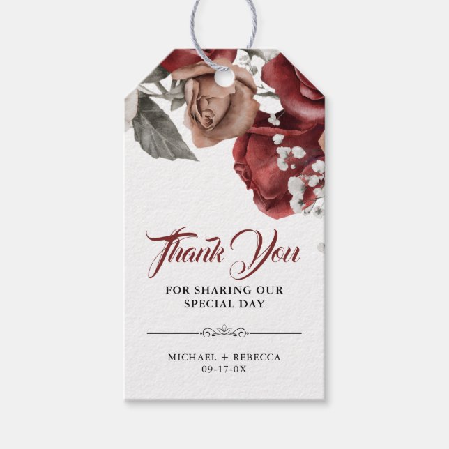 Burgundy Red Roses Floral Wedding Thank You Presentetikett (Framsidan)