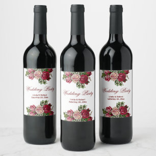Burgundy Red Rustic Ro Blommigt Landsbyggsbröllop Vinflaska Etikett