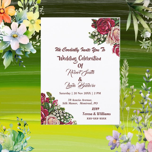  Burgundy Red Rustic Ro Landsbyggsbröllop Inbjudningar (Blush Burgundy Red Rustic Roses Country Wedding Invitation)