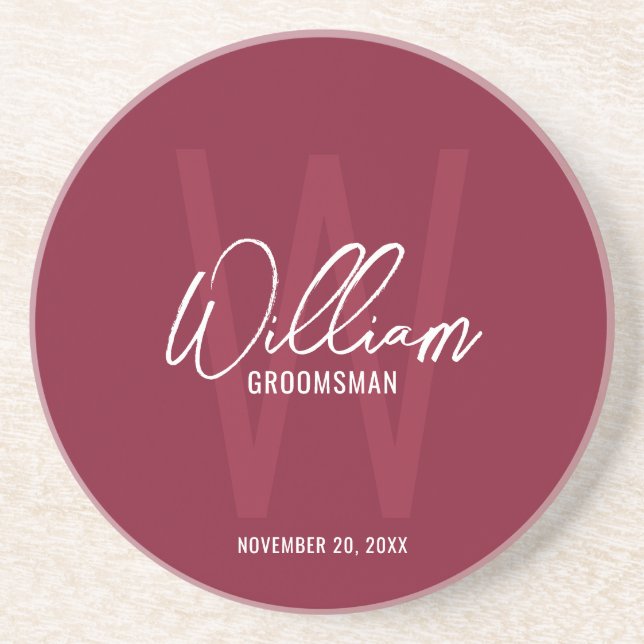 Burgundy Red Script Personlig Groomsmans Namn Underlägg (Framsidan)
