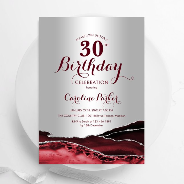 Burgundy Red Silver Agate 30års födelsedag Party Inbjudningar (Skapare uppladdad)