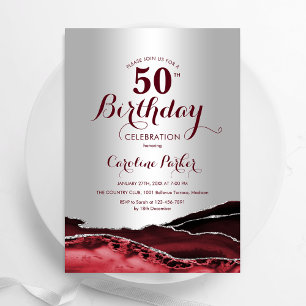 Burgundy Red Silver Agate 50:e Födelsedagsfesten Inbjudningar