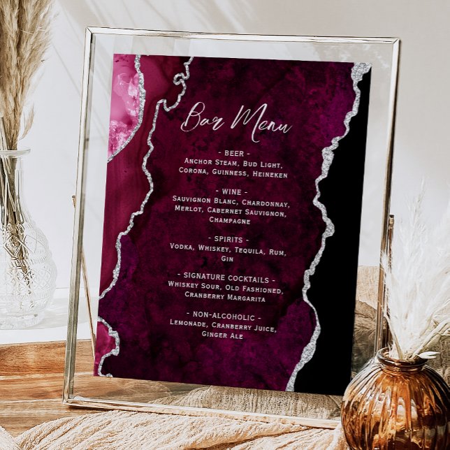 Burgundy Red Silver Agate Script Wedding Bar Menu  Poster (Skapare uppladdad)