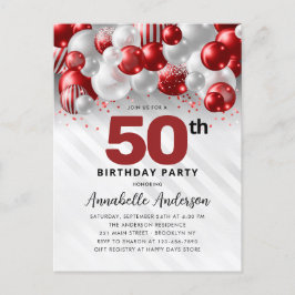 Burgundy Red Silver Balloon Glitter 50:e födelseda Vykort