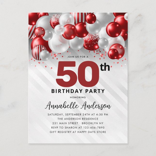 Burgundy Red Silver Balloon Glitter 50:e födelseda Vykort (Framsida)