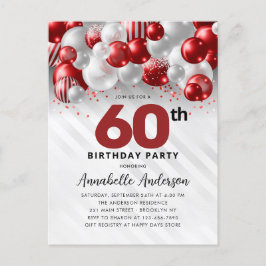Burgundy Red Silver Balloon Glitter 60:e födelseda Vykort