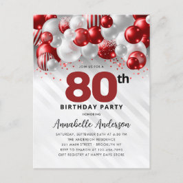 Burgundy Red Silver Balloon Glitter 80:e födelseda Vykort