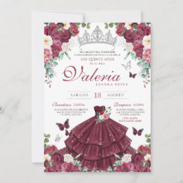 Burgundy Red & Silver Butterfly Blommigt Quinceañe Inbjudningar