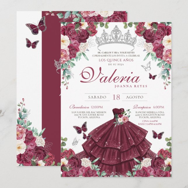 Burgundy Red & Silver Butterfly Blommigt Quinceañe Inbjudningar (Fram/baksida)
