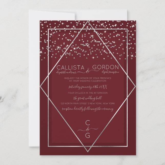 Burgundy Red Silver Confetti Geo Gräns Bröllop Inbjudningar (Framsida)