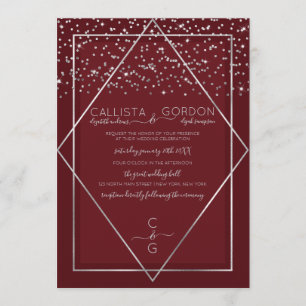 Burgundy Red Silver Confetti Geo Gräns Bröllop Inbjudningar