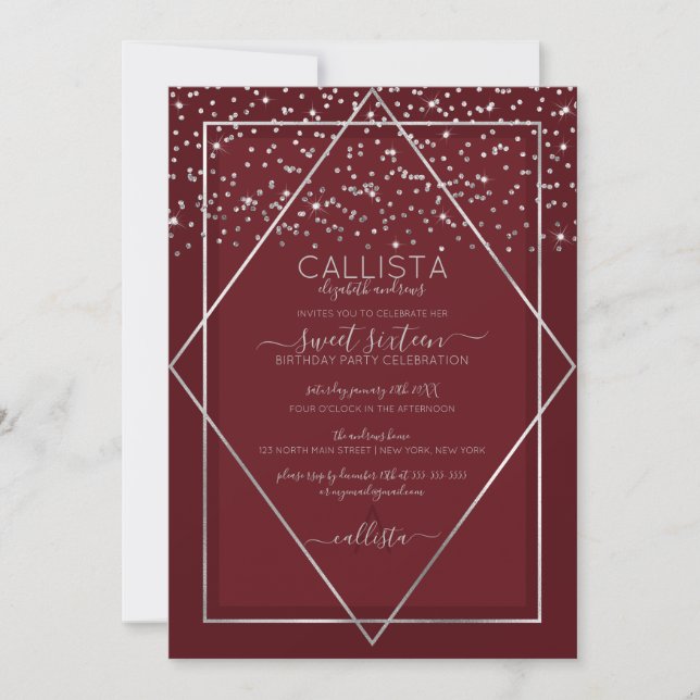Burgundy Red Silver Confetti Gräns Sweet 16 Inbjudningar (Framsida)