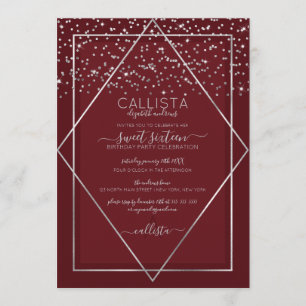 Burgundy Red Silver Confetti Gräns Sweet 16 Inbjudningar