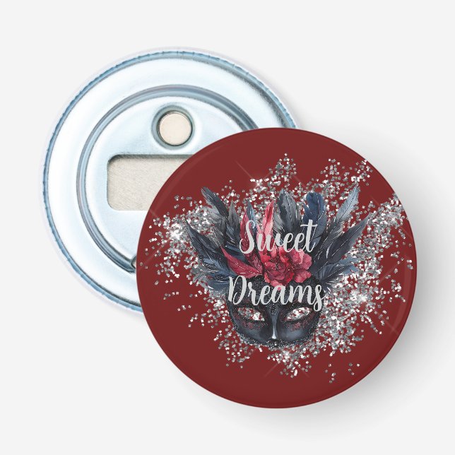 Burgundy Red Silver Glitter Feasted Mask Flasköppnare (Framsidan)