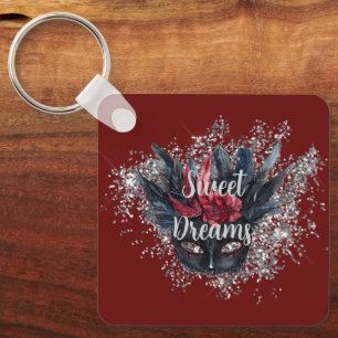 Burgundy Red Silver Glitter Feasted Mask Nyckelring