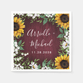 Burgundy Red Solros Greenery Wandey Bröllop Pappersservett