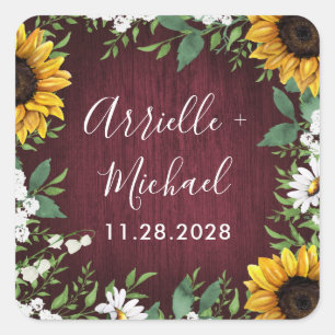 Burgundy Red Solros Greenery Wedding Favands Fyrkantigt Klistermärke