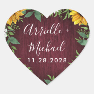 Burgundy Red Solros Greenery Wedding Favands Hjärtformat Klistermärke