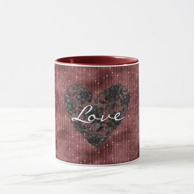 Burgundy Red Stripes Black Faux Lace Floral Heart Mugg (Center)