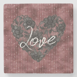 Burgundy Red Stripes Black Floral Faux Lace Heart Stenunderlägg