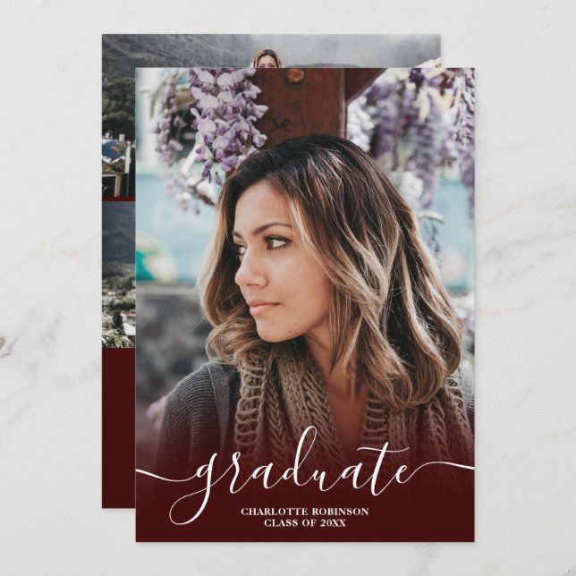 Burgundy red student-skriptfoto studenten inbjudningar (Fram/baksida)