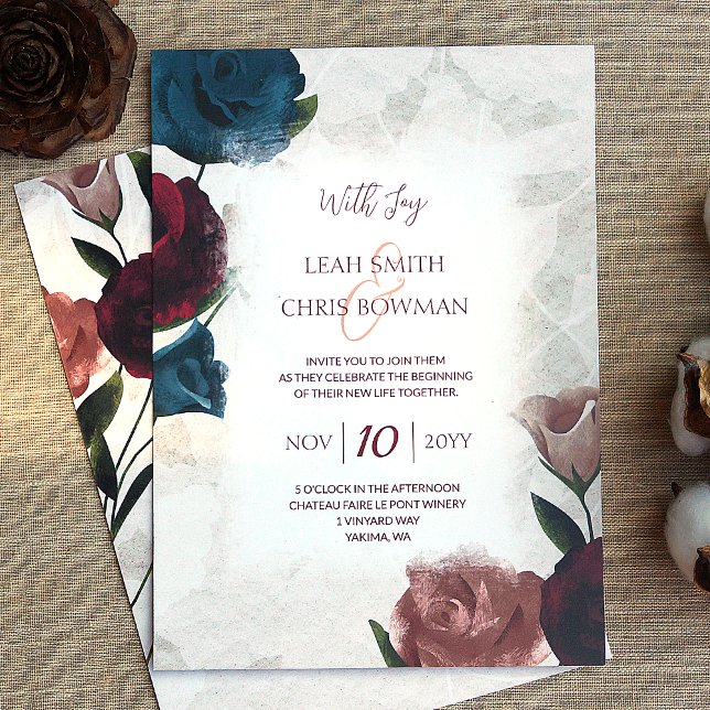 Burgundy, Red, Teal, Beige Ro Bröllop Inbjudningar (teal green, burgundy, rose gold roses wedding invitations, botanical vintage garden wedding)