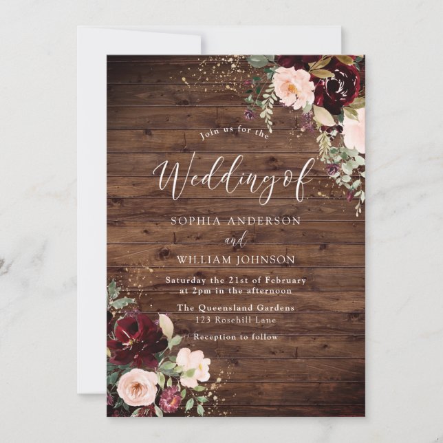 Burgundy  Red Vin Blommigt Fall Wedding Inbjudningar (Framsida)
