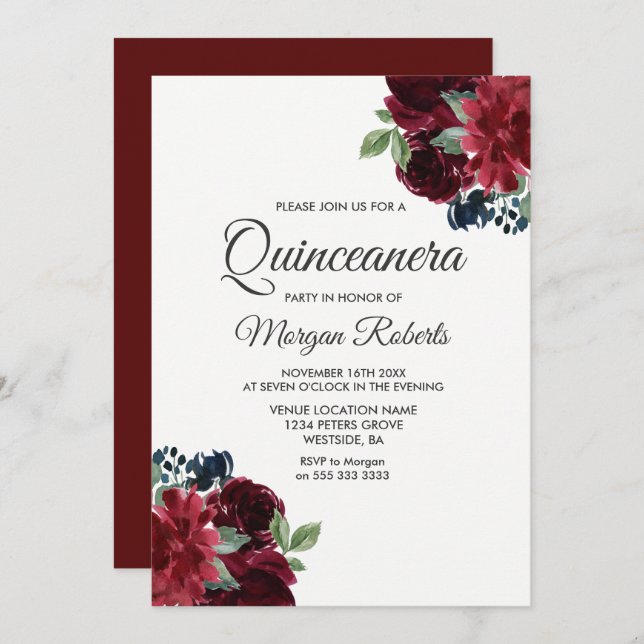 Burgundy Red Vin Flowers Quinceanera Party Inbjuda Inbjudningar (Fram/baksida)