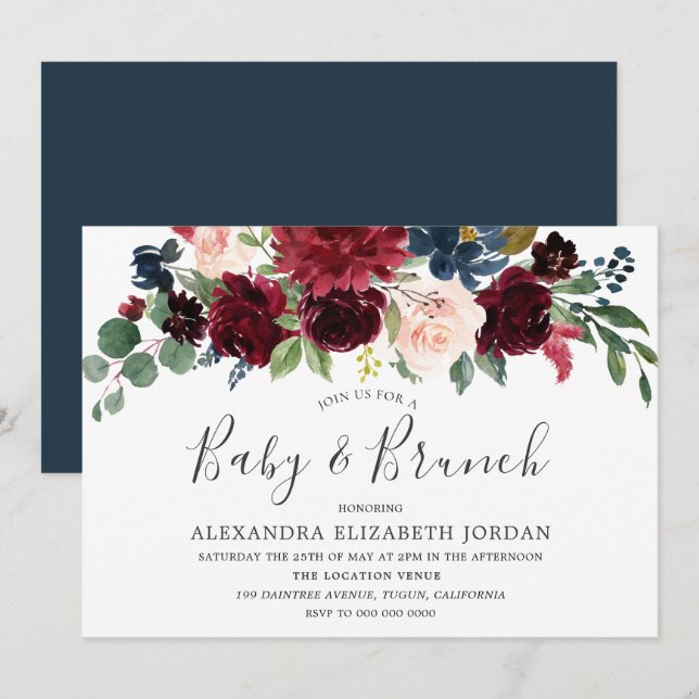 Burgundy Red Vin Modern Baby Shower Brunch Inbjuda Inbjudningar (Fram/baksida)